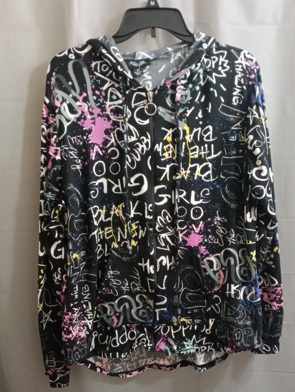 Black Graffiti Print Hooded Pullover with Multicolor Script